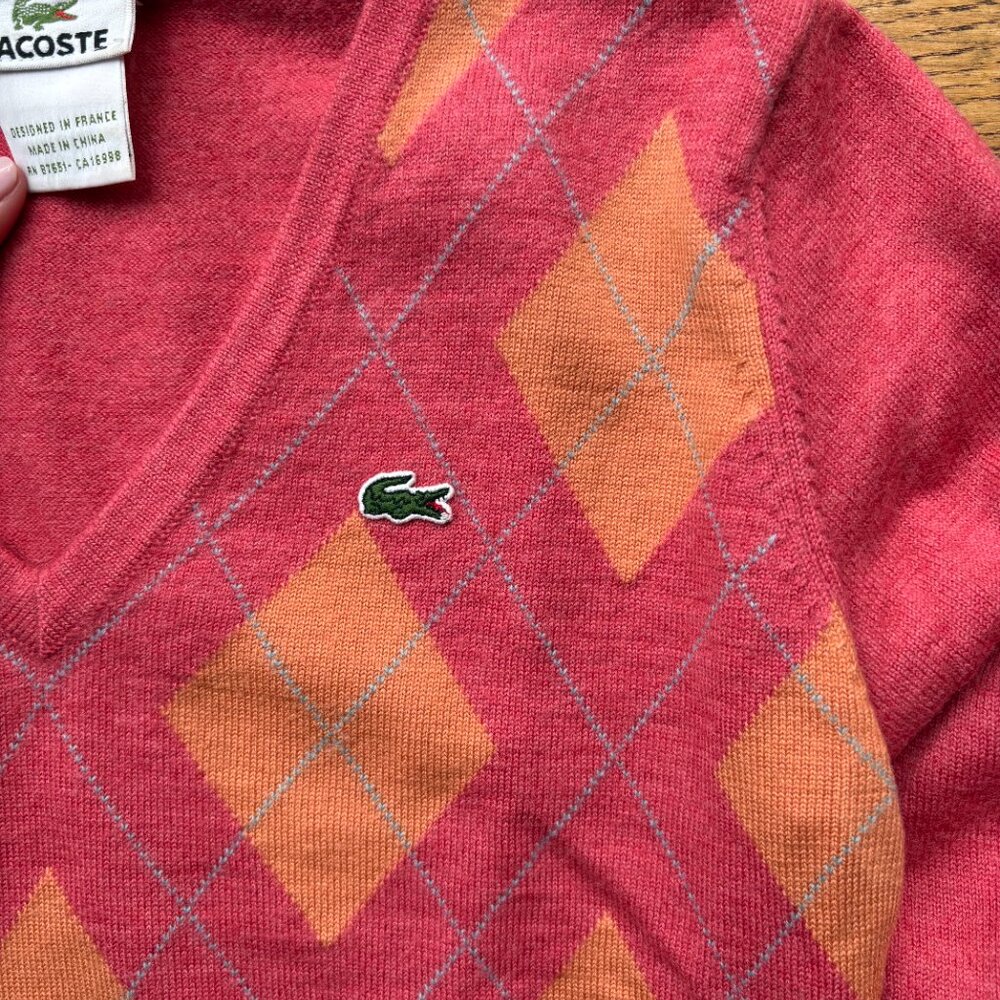 LACOSTE Pink and Orange Pattern V-Neck Sweater - Picture 5 of 5